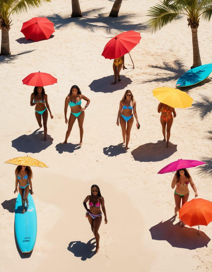 A sun-kissed beach scene featuring a diverse group of models showcasing the latest bikini trends for 2023, with vibrant patterns and bold colors. Include elements like beach umbrellas, surfboards, and palm trees in the background, creating a lively summer atmosphere. Capture the essence of summer fun and fashion with playful poses and bright sunlight. super-realistic. vibrant colors. summer vibes.